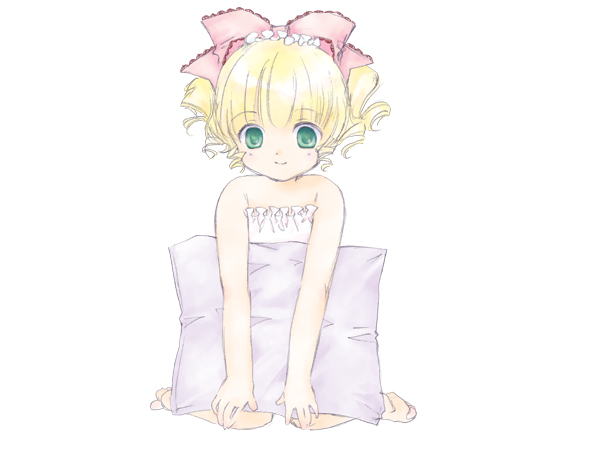 bare_shoulders blonde_hair bow camisole collarbone drill_hair hina_ichigo kneeling lingerie looking_at_viewer nyoi pink_bow rozen_maiden short_hair simple_background solo twin_drills twintails underwear white_background