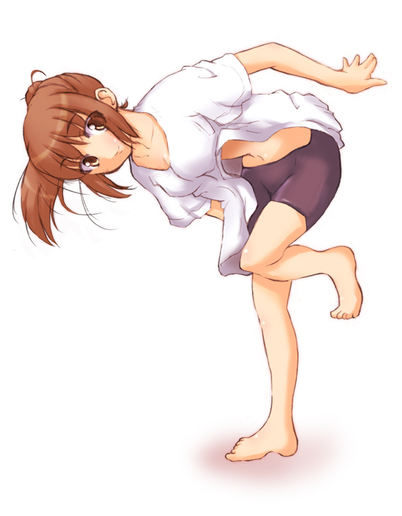 bent_over bike_shorts brown_eyes brown_hair full_body kimi_kiss kozimaki leg_up looking_at_viewer looking_to_the_side navel sakino_asuka shirt short_hair short_sleeves simple_background solo spandex standing standing_on_one_leg stomach white_background white_shirt