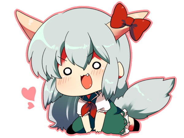 :3 bad_id bad_pixiv_id blush chibi ex-keine fang green_hair happy heart horn_ribbon horns kamishirasawa_keine long_hair matatabi_maru o_o ribbon silver_hair sitting solo tail touhou v-shaped_eyebrows