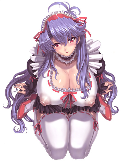 blue_hair blush bow breasts choker cleavage comic_unreal covered_nipples frills hair_bow hairband high_heels huge_breasts kneeling long_hair maid mogudan puffy_nipples red_eyes ribbon see-through shoes smile solo sweat thighhighs very_long_hair white_legwear