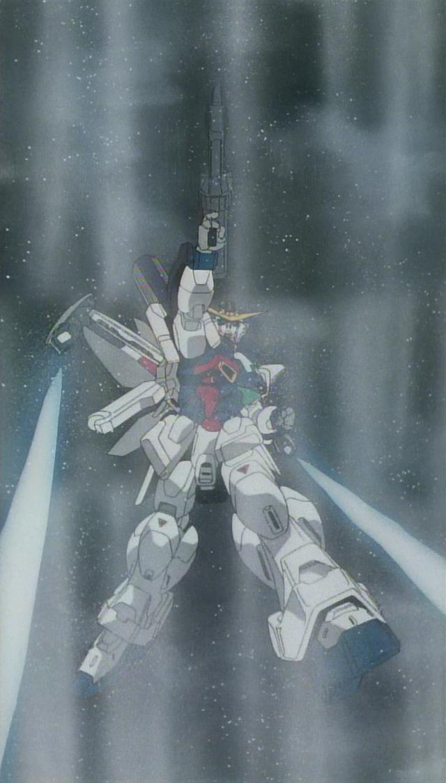 arm_up clenched_hand flying fog from_below full_body gun gundam gundam_x_divider holding holding_gun holding_weapon huge_weapon looking_up mecha no_humans outstretched_arm screencap snowing stitched third-party_edit weapon winter