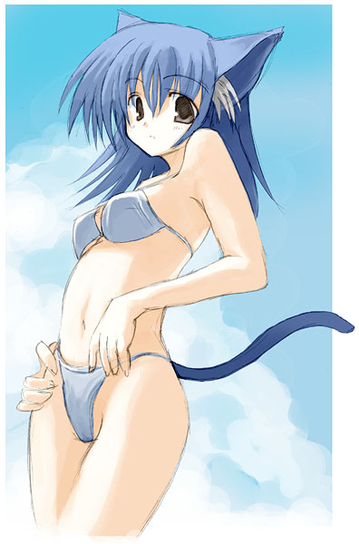 animal_ears bikini blue_hair cat_ears copyright_request grey_eyes seo_tatsuya solo swimsuit tail