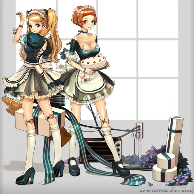 android blonde_hair cake food high_heels kneehighs maggi maid multiple_girls pastry red_hair robot see-through shoes socks twintails