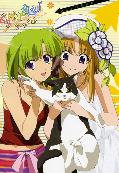 :d age_difference ahoge animal asymmetrical_hair bangs bare_shoulders black_bow black_cat black_ribbon blue_eyes bow breasts camisole casual cat character_name closed_mouth copyright_name cowboy_shot directional_arrow dress eyebrows_visible_through_hair flower gradient green_eyes green_hair hair_bow hair_ribbon halftone happy hat hat_flower head_tilt hirayama_eiji holding holding_animal holding_cat horizontal_stripes leaf light_smile logo looking_at_viewer looking_down mature medium_breasts midriff mother_and_daughter multiple_girls navel official_art open_mouth orange_hair outline parted_bangs plaid plaid_hat rainbow_order rainbow_text red_shirt ribbon sash shigure_ama shigure_asa shirt short_hair_with_long_locks shuffle! sidelocks smile spaghetti_strap standing striped striped_background sun_hat sundress tress_ribbon white_background white_cat white_dress white_hat