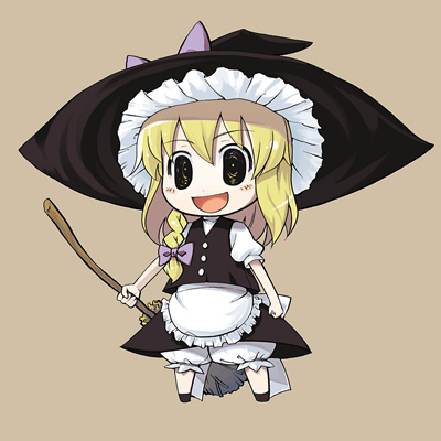 apron blonde_hair bloomers blush bow braid broom chibi hair_bow hat holding kabayaki_unagi kirisame_marisa lowres open_mouth puffy_short_sleeves puffy_sleeves shirt short_sleeves side_braid simple_background skirt skirt_set solo touhou underwear vest white_bloomers white_shirt witch_hat