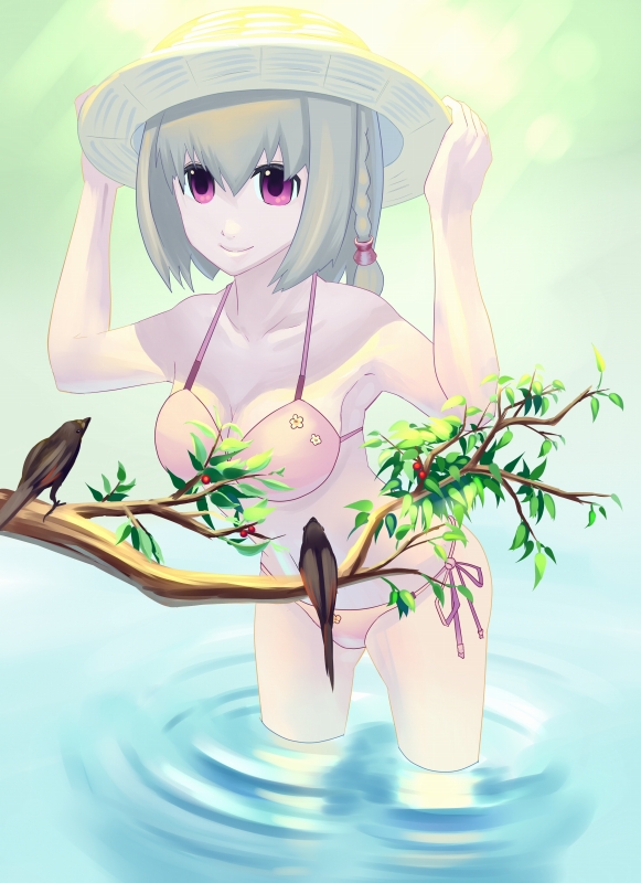 ar_tonelico ar_tonelico_iii bad_id bad_pixiv_id bikini bird blonde_hair braid branch breasts cleavage hands_on_headwear hat pink_eyes saki_(ar_tonelico) sdzo short_hair side-tie_bikini small_breasts smile solo swimsuit twin_braids wading water