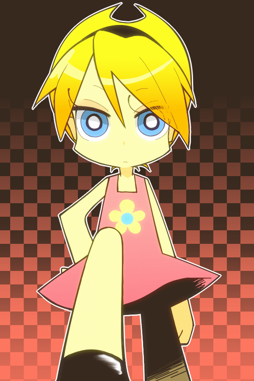 bad_id bad_pixiv_id blonde_hair blue_eyes checkered checkered_background dress hairband haku_le hand_on_hip mandy panty_&amp;_stocking_with_garterbelt parody short_dress short_hair solo standing style_parody the_grim_adventures_of_billy_&amp;_mandy