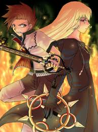 1girl angry axel_(kingdom_hearts) back-to-back bangs belt black_coat_(kingdom_hearts) blonde_hair breasts brown_hair chakram clenched_teeth collet_brunel crossover drawstring fighting_stance fire gloves half-closed_eyes holding holding_weapon keyblade kingdom_hearts kingdom_hearts_ii leg_up lloyd_irving long_hair long_sleeves lowres organization_xiii profile robe roxas shirt short_hair short_sleeves small_breasts spiked_hair sword tales_of_(series) tales_of_symphonia teeth weapon