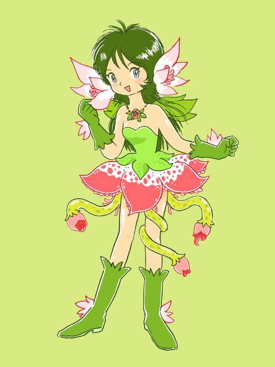 boots copyright_request flower green_eyes green_footwear green_hair long_hair plant_girl pukao solo