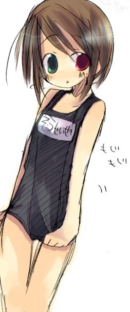 adjusting_clothes adjusting_swimsuit artist_request black_school_swimsuit brown_hair embarrassed green_eyes heterochromia name_tag one-piece_swimsuit red_eyes rozen_maiden school_swimsuit short_hair solo souseiseki swimsuit