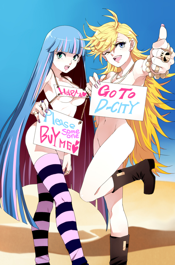 armpits blonde_hair blue_eyes breasts convenient_leg covering english holding holding_sign jewelry long_hair multicolored_hair multiple_girls nail_polish navel nude nude_cover one_eye_closed panty_&amp;_stocking_with_garterbelt panty_(psg) pink_nails pinki_(shounenkakuseiya) purple_nails ring sign small_breasts stocking_(psg) striped striped_legwear thighhighs thumbs_up two-tone_hair underboob