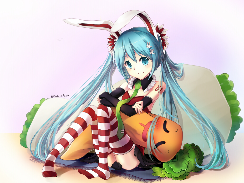 animal_ears bad_id bad_pixiv_id bison_cangshu blue_eyes blue_hair bunny_ears carrot detached_sleeves hair_ornament hairclip hatsune_miku long_hair necktie sitting smile solo striped striped_legwear thighhighs twintails very_long_hair vocaloid