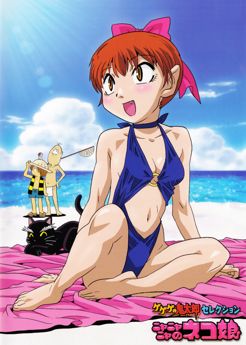 3boys :d adjusting_clothes adjusting_hat antenna_hair arm_support bald bangs barefoot beach beach_towel black_cat blue_sky blue_swimsuit blush body_hair bow breasts brown_hair casual_one-piece_swimsuit cat choker cleavage cloud constricted_pupils copyright_name day drawstring eyebrows fang feet fundoshi gegege_no_kitarou geta hair_bow hair_over_one_eye hand_on_hip hand_up happy hat highleg highleg_swimsuit holding japanese_clothes kitarou knee_up leg_hair lens_flare light_rays logo looking_to_the_side male_swimwear medama_oyaji multiple_boys navel nekomusume nekomusume_(gegege_no_kitarou_5) net nezumi_otoko o-ring o-ring_swimsuit o-ring_top ocean official_art on_ground one-piece_swimsuit open_clothes open_mouth open_vest orange_eyes outdoors over_shoulder pink_bow pointy_ears red_hair sandals shadow shirtless short_hair sitting sky slit_pupils small_breasts smile standing straw_hat striped sunbeam sunlight swim_trunks swimsuit swimwear thick_eyebrows towel ueno_ken vest water whiskers yellow_sclera