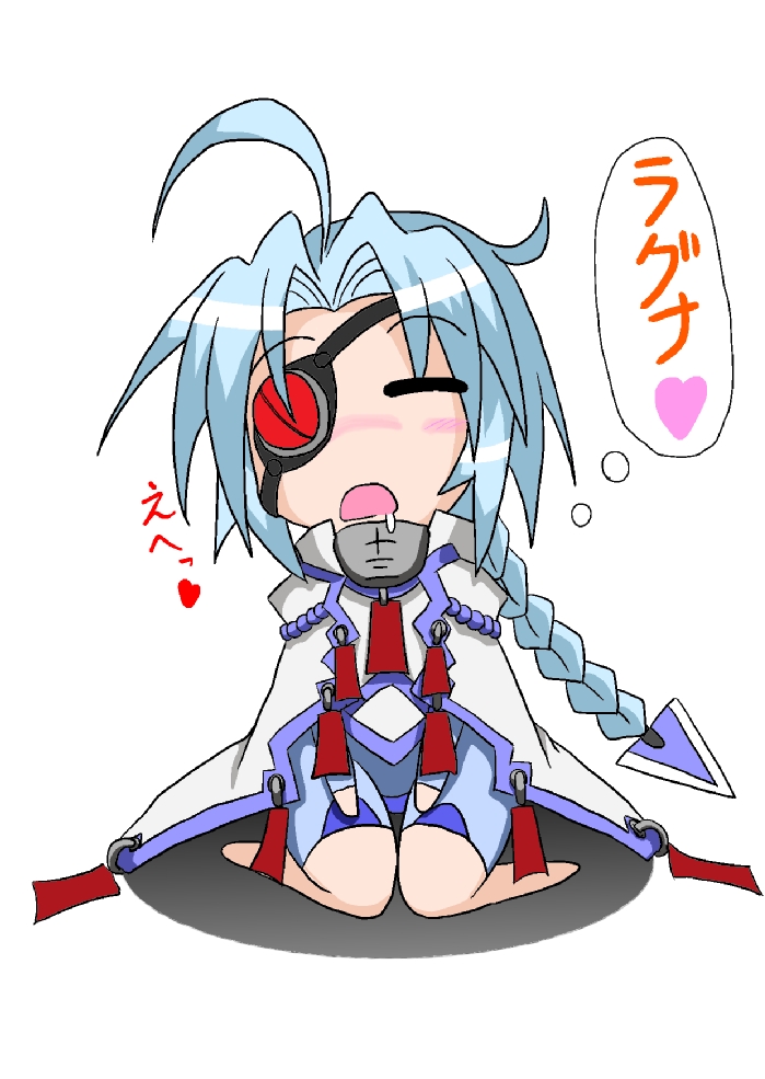 ahoge blazblue blush braid chibi eyepatch heart non-web_source nu-13 saliva seiza silver_hair sitting sleeping sleeping_upright solo translated