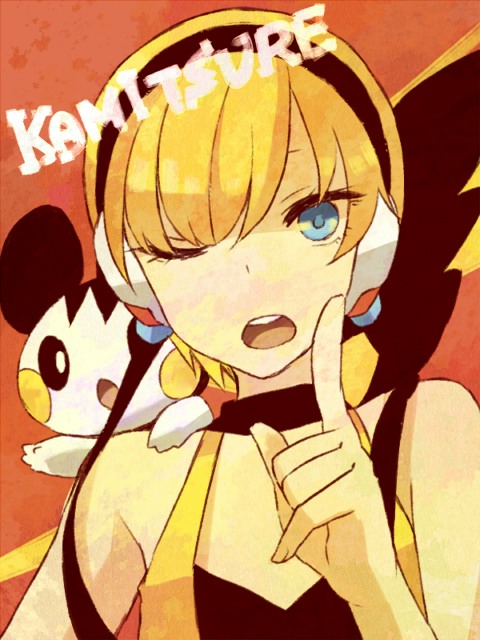 amarisu bad_id bad_pixiv_id blonde_hair blue_eyes emolga gen_5_pokemon gym_leader headphones kamitsure_(pokemon) one_eye_closed pokemon pokemon_(creature) pokemon_(game) pokemon_bw