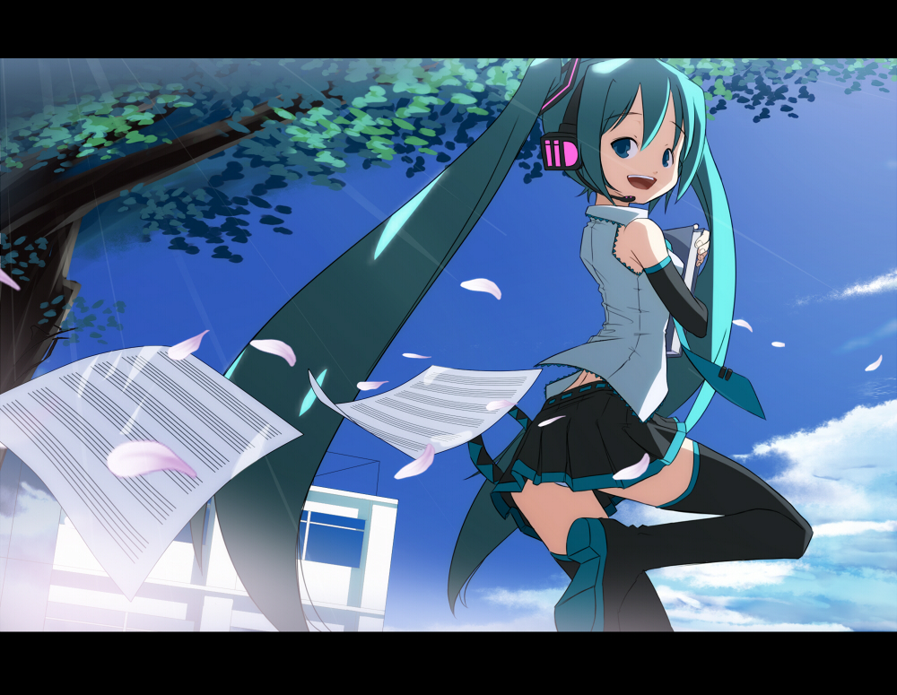 book colorized eto hatsune_miku hokuchin long_hair looking_back music open_mouth panties pantyshot smile solo thighhighs tree underwear very_long_hair vocaloid white_panties