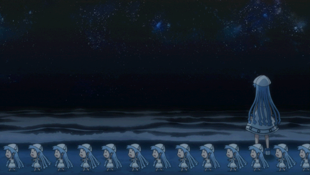animated animated_gif beach blue_hair chibi clone from_behind hat ikamusume loop mini-ikamusume minigirl multiple_girls night ocean outdoors screencap shinryaku!_ikamusume tentacle_hair