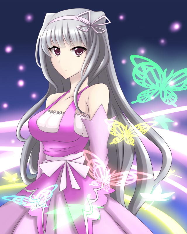 bare_shoulders breasts bug butterfly dress elbow_gloves gloves grey_hair hair_ribbon hairband himo idolmaster idolmaster_(classic) insect long_hair medium_breasts purple_eyes ribbon shijou_takane solo