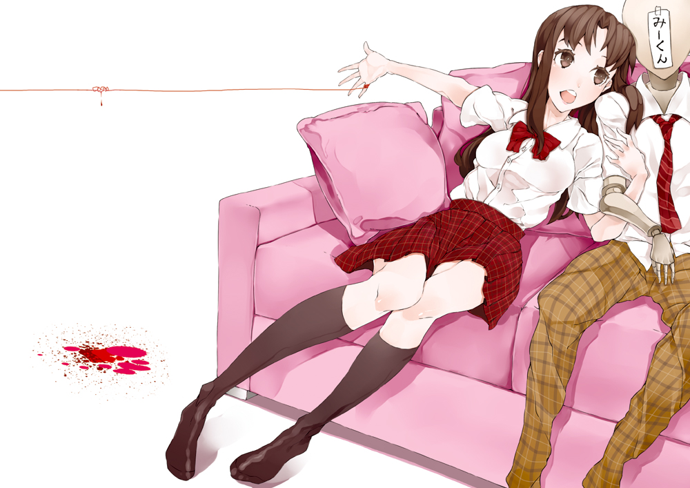 aco_(koaya_ako) blood bow bowtie brown_eyes brown_hair couch long_hair mannequin misono_mayu plaid plaid_skirt red_string school_uniform skirt solo_focus string translated usotsuki_mii-kun_to_kowareta_maa-chan