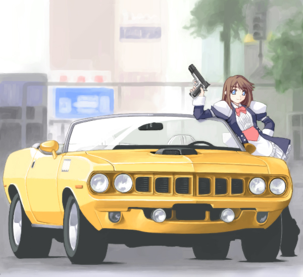 arm_support bangs blue_eyes blurry bow bowtie buttons car convertible day depth_of_field egu_(e_g_u) frills grey_hair ground_vehicle gun hand_on_hip hand_up handgun holding holding_gun holding_weapon juliet_sleeves leaning left-hand_drive light_smile long_hair long_sleeves looking_at_viewer m1911 motor_vehicle muscle_car original outdoors parted_bangs pistol plymouth plymouth_barracuda puffy_long_sleeves puffy_sleeves sleeve_cuffs smile solo traffic_light tree trigger_discipline weapon