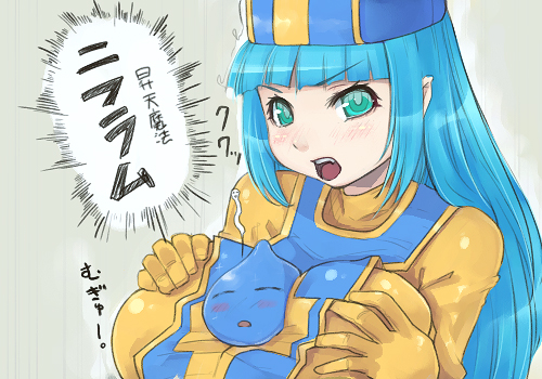 :o aqua_eyes bangs between_breasts blue_hair blunt_bangs blush bodystocking bodysuit breast_hold breasts cleavage close-up closed_eyes dragon_quest dragon_quest_iii ghost hat huge_breasts long_hair lowres mahito mitre open_mouth orange_bodysuit priest_(dq3) skin_tight slime_(dragon_quest) solo tabard translation_request