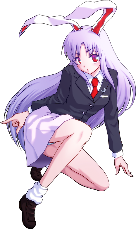 animal_ears arm_support blazer bunny_ears crescent full_body jacket loafers long_hair looking_at_viewer loose_socks m-shiganai necktie one_knee panties pointing purple_eyes red_eyes reisen_udongein_inaba shoes socks solo striped striped_panties touhou transparent_background underwear very_long_hair