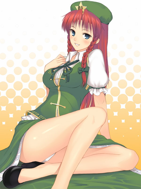1girl bad_id bad_pixiv_id beret blue_eyes bow braid breasts chinese_clothes hair_bow hat hong_meiling legs long_hair medium_breasts no_socks panties red_hair sitting smile solo touhou twin_braids underwear white_panties