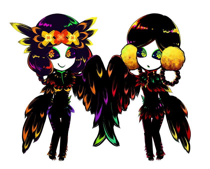black_sclera colorful crimtrus eyeshadow feathered_wings feathers flower harpy makeup monster_girl multiple_girls original simple_background smile symbol-shaped_pupils white_background wings