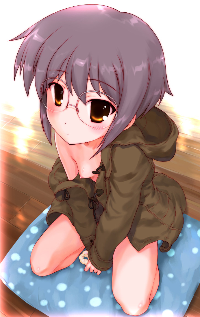 blush breast_slip breasts brown_eyes from_above glasses hechi jacket kneeling looking_up nagato_yuki nipples no_bra one_breast_out open_clothes purple_hair short_hair small_breasts solo suzumiya_haruhi_no_yuuutsu
