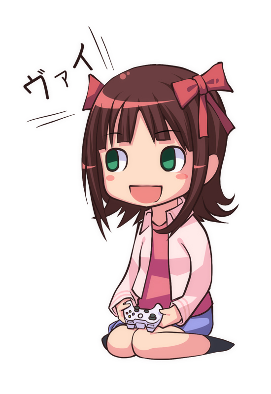 :d amami_haruka bad_id bad_pixiv_id blush_stickers bow brown_hair controller game_controller green_eyes hair_bow idolmaster idolmaster_(classic) nonowa open_mouth short_hair simple_background sitting smile solo wariza yuuhi_(ages)