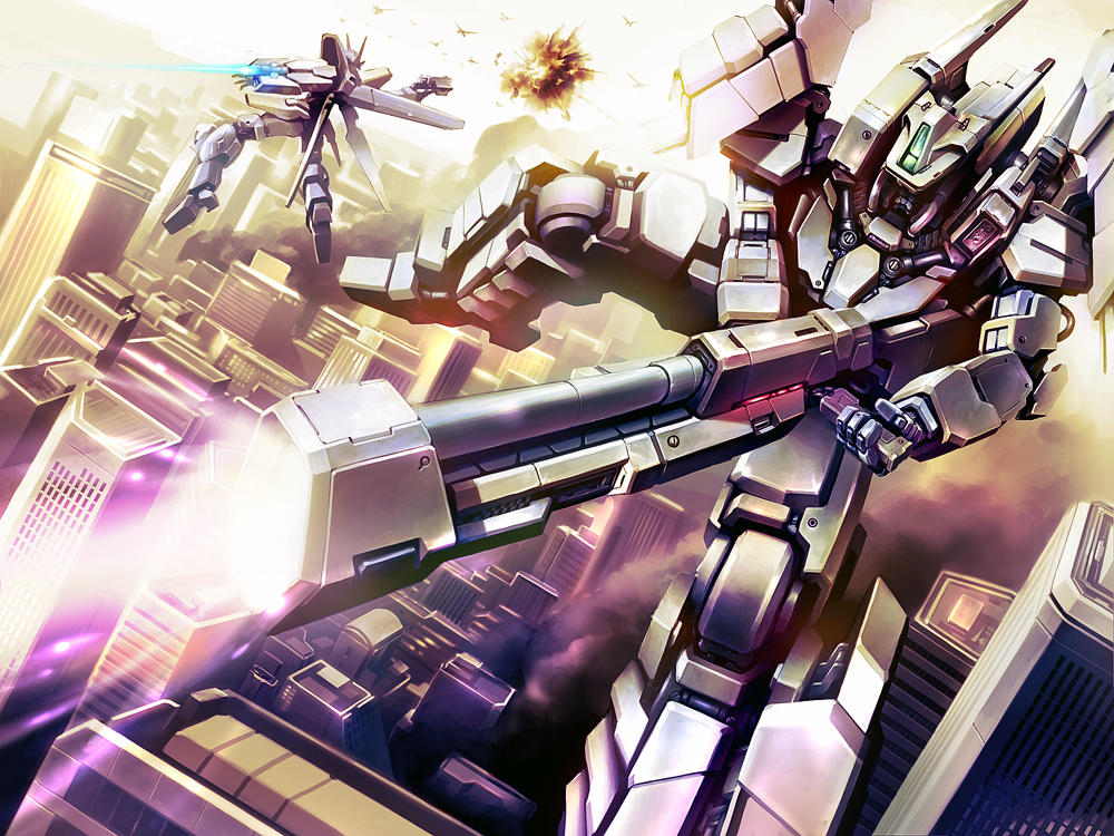 beam beam_rifle building city cityscape energy_gun energy_sword explosion flying gun mecha no_humans original sky sword taedu weapon