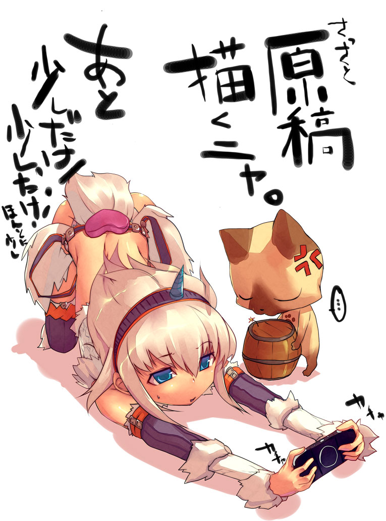 1girl angry annoyed blue_eyes closed_eyes elbow_gloves felyne gloves hairband handheld_game_console heart horn kirin_(armor) maitake_(loose) monster_hunter playing_games playstation_portable sweatdrop thighhighs top-down_bottom-up translated white_hair