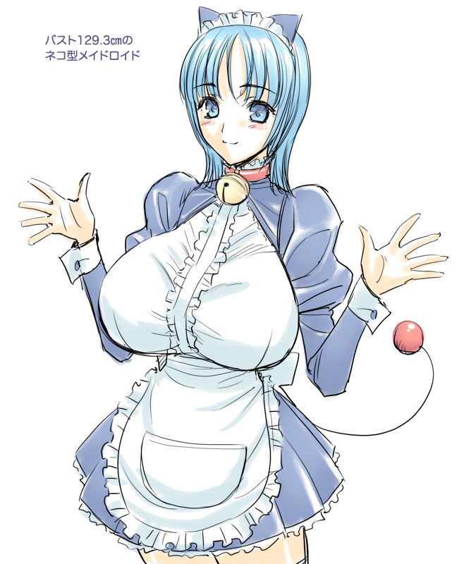 animal_ears apron aqua_hair bell bell_collar blue_eyes blush breasts cat_ears collar cosplay doraemon doraemon_(character) doraemon_(character)_(cosplay) huge_breasts jingle_bell magaki_ryouta maid maid_headdress original sketch smile solo tail