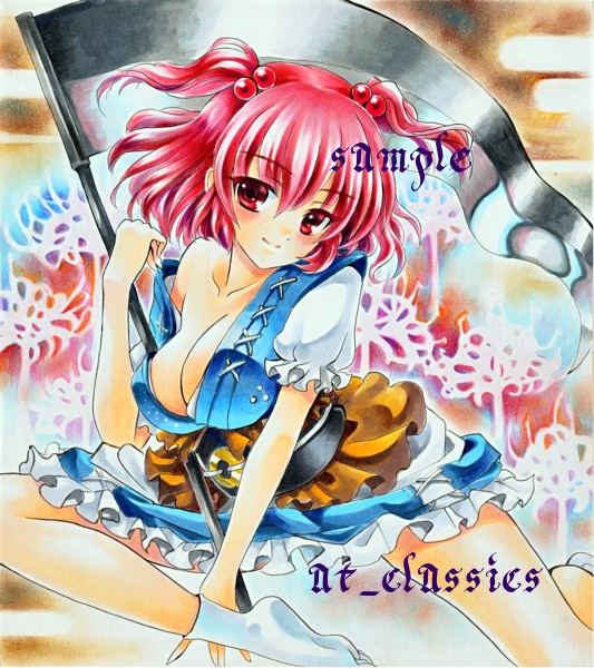 artist_name at_classics breasts cleavage closed_mouth collarbone colored_pencil_(medium) dress eyebrows_visible_through_hair floral_background flower frilled_sleeves frills hair_bobbles hair_ornament large_breasts layered_dress looking_at_viewer marker_(medium) medium_hair no_shoes obi off_shoulder onozuka_komachi puffy_short_sleeves puffy_sleeves red_eyes red_hair sample sash scythe short_sleeves smile solo spider_lily touhou traditional_media two_side_up white_legwear
