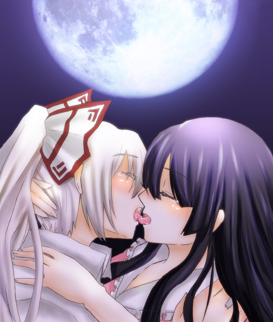 arekkusu bad_id bad_pixiv_id black_hair bow closed_eyes couple french_kiss fujiwara_no_mokou full_moon hair_bow houraisan_kaguya kiss long_hair moon multiple_girls night saliva silver_hair tears touhou yuri