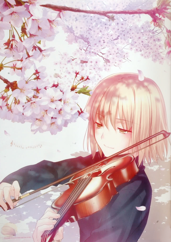 blonde_hair cherry_blossoms green_eyes instrument kyoto original pullover smile solo takeuchi_takashi violin
