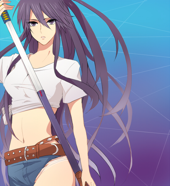 asymmetrical_clothes bad_id bad_pixiv_id hair_ribbon kanzaki_kaori long_hair midriff mtk102 navel ponytail purple_eyes purple_hair ribbon sheath shirt single_pantsleg solo string sword tied_shirt to_aru_majutsu_no_index very_long_hair weapon