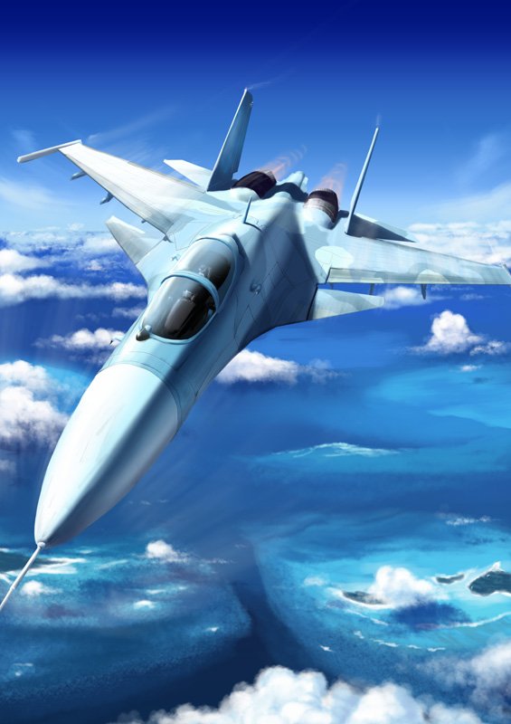 aircraft airplane cloud condensation_trail day fighter_jet flying jet military military_vehicle missile no_humans original sky su-33 yonasawa