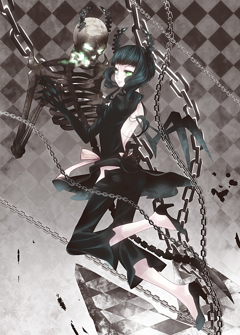 backless_outfit bad_id bad_pixiv_id black_hair black_rock_shooter chain chiroko dead_master green_eyes horns leggings long_hair shoes skeleton smile solo