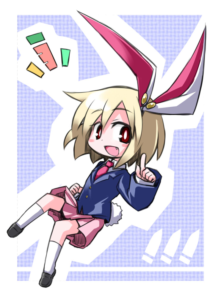 animal_ears blazer blonde_hair bunny_ears bunny_tail chibi cosplay if_they_mated jacket kugelschreiber necktie pleated_skirt red_eyes reisen_udongein_inaba reisen_udongein_inaba_(cosplay) rumia short_hair skirt solo tail touhou