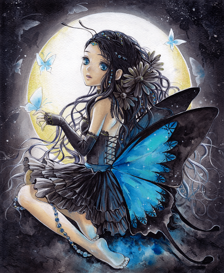 acrylic_paint_(medium) antennae barefoot black_hair blue_eyes blue_wings bug butterfly butterfly_wings detached_sleeves face feet flower full_moon gothic_lolita insect lolita_fashion long_hair moon original solo toyoda_izumi traditional_media watercolor_(medium) wings