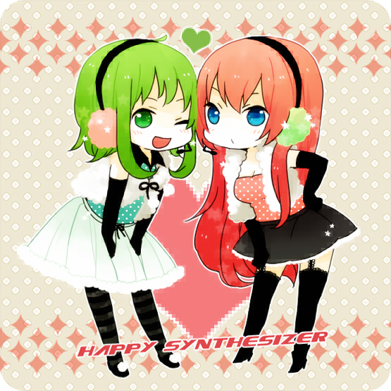 bad_id bad_pixiv_id black_gloves chibi elbow_gloves gloves green_hair gumi happy_synthesizer_(vocaloid) headset kanitama_(putyourhead) long_hair megurine_luka multiple_girls pantyhose rounded_corners thighhighs very_long_hair vocaloid