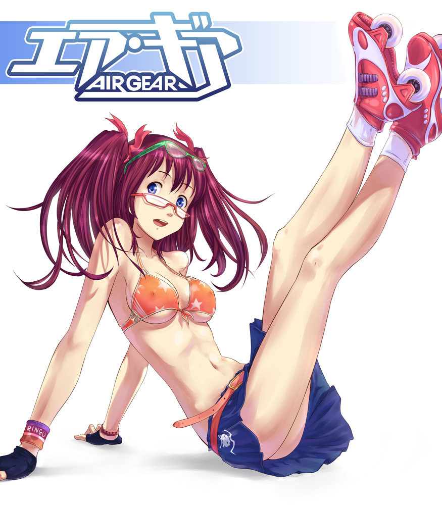 air_gear arm_support atomix belt bikini_top blue_eyes bracelet breasts cleavage fingerless_gloves front-tie_top glasses gloves inline_skates jewelry legs_up medium_breasts noyamano_ringo red_hair ribbon roller_skates skates skirt solo swimsuit twintails underboob wristband