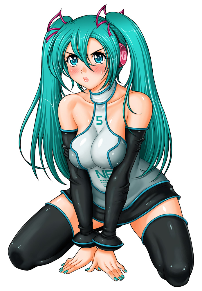 alternate_costume aoyama_sunao aqua_eyes aqua_hair blush breasts cleavage detached_sleeves hair_ribbon hatsune_miku headphones kneeling large_breasts long_hair pout ribbon simple_background skirt solo thighhighs twintails vocaloid