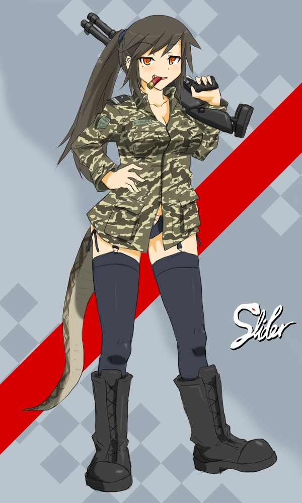 ammunition bad_id bad_pixiv_id benelli_m1014 benelli_m4 black_hair boots camouflage character_name character_portrait character_profile character_sheet commentary dakku_(ogitsune) fang full_body gun left-handed long_hair m1014 m4_super90 military military_jacket military_uniform mouth_hold orange_eyes original ponytail rachel_kerner red_eyes shotgun shotgun_shells slit_pupils snake_tail solo standing strike_witches_1991 tail thighhighs tigerstripe_(camo) uniform weapon world_witches_series zettai_ryouiki