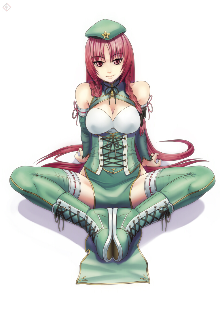 bare_shoulders beret boots braid butterfly_sitting cleavage_cutout corset cross-laced_footwear detached_sleeves green_footwear hat hong_meiling lace-up_boots long_hair raybar red_eyes red_hair sitting solo thighhighs touhou twin_braids