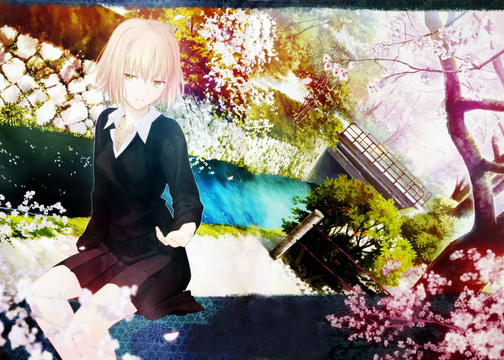 blonde_hair bridge cherry_blossoms fence green_eyes kyoto original philosopher's_walk river shirt sitting skirt solo takeuchi_takashi tree