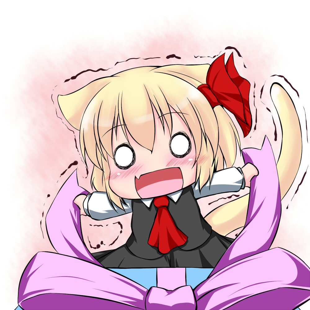 :d animal_ears blonde_hair blush cat_ears cat_tail chibi dress fang hair_ribbon hoshizuki_(seigetsu) kemonomimi_mode o_o open_mouth purumia ribbon rumia short_hair smile solo tail touhou trembling