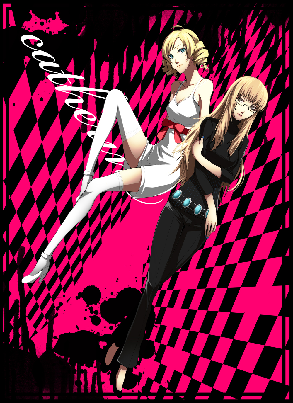 bad_id bad_pixiv_id banned_artist belt blonde_hair blue_eyes blue_nails bow breasts catherine catherine_(game) checkered checkered_background cleavage dress drill_hair glasses grey_eyes high_heels highres katherine_mcbride leg_up legs long_hair long_legs medium_breasts multiple_girls nail_polish pants s_tanly shoes sweater thighhighs thighs white_legwear
