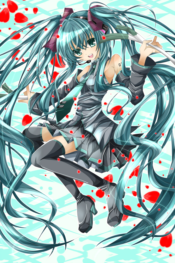 aqua_eyes aqua_hair bad_id bad_pixiv_id boots detached_sleeves hatsune_miku headset high_heels long_hair nanase_nao necktie shoes skirt smile solo spring_onion thigh_boots thighhighs twintails very_long_hair vocaloid